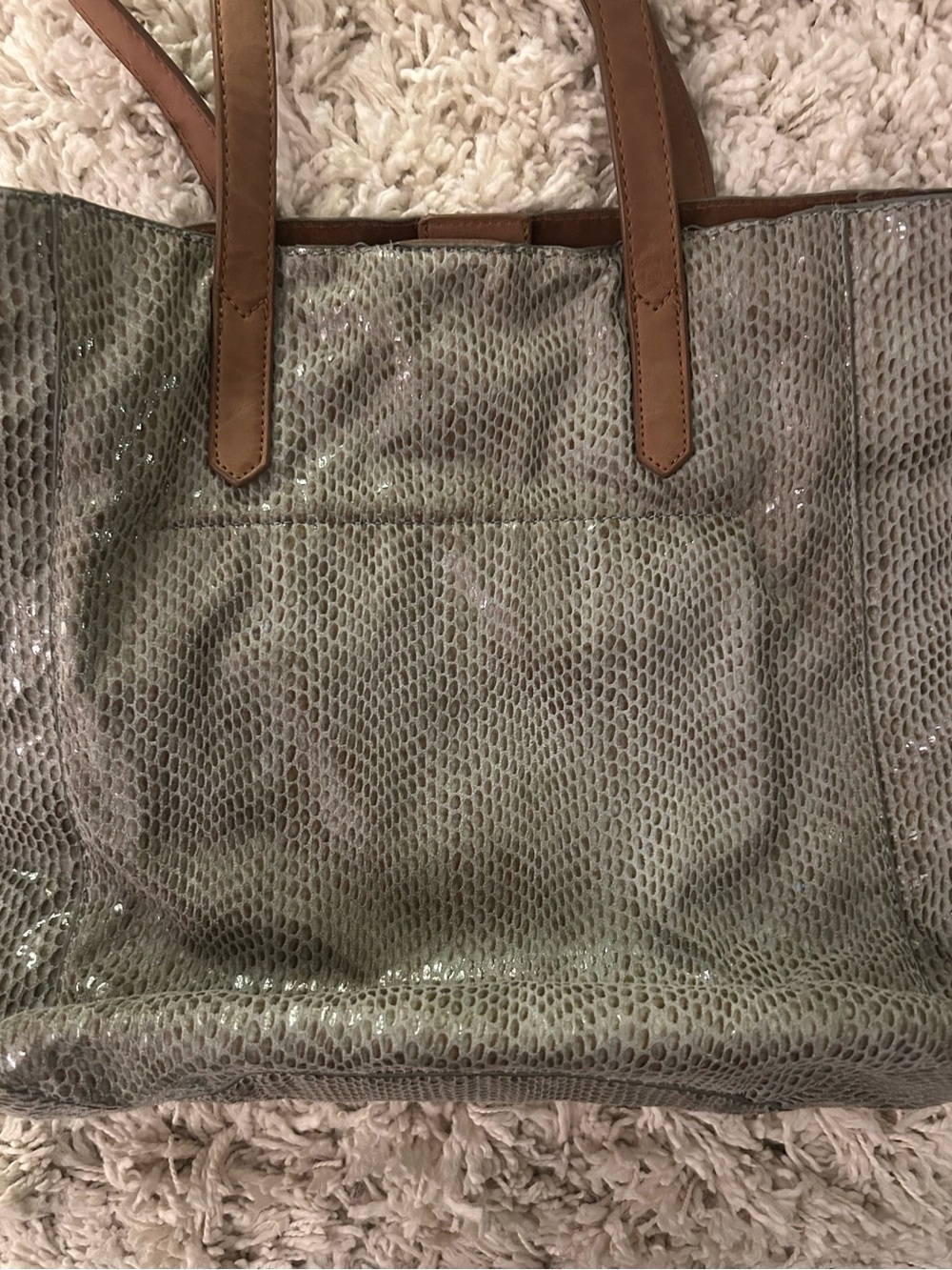 Snakeskin soft Textured Tote Bag with Brown Handles